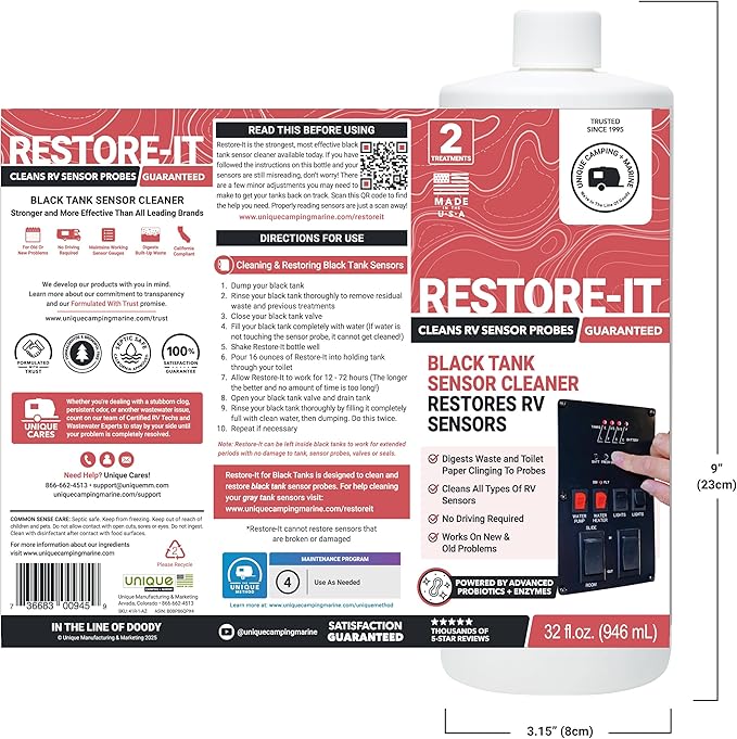Unique Restore-It RV Sensor Cleaner Liquid - Cleans and Restores Misreading Sensor Probes by Removing Stuck-On Waste in Black Tanks - 2 Treatments Per Bottle (32 oz, 2-Pack)