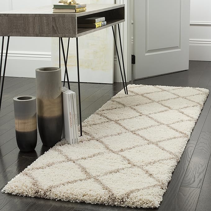 SAFAVIEH Hudson Shag Collection Accent Rug - 2'3" x 3'9", Ivory & Beige, Trellis Design, Non-Shedding & Easy Care, 2-inch Thick Ideal for High Traffic Areas in Foyer, Living Room, Bedroom (SGH281D)