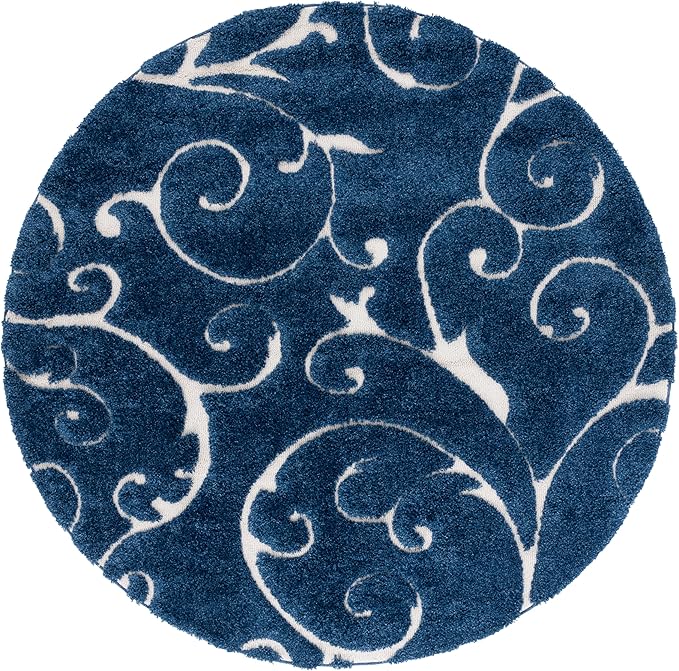 SAFAVIEH Florida Shag Collection Area Rug - 6'7" Round, Dark Blue & Cream, Scroll Design, Non-Shedding & Easy to Clean, High-Low Plush Pile, Ideal for Living Room, Bedroom, Dining Space (SG455-6511)