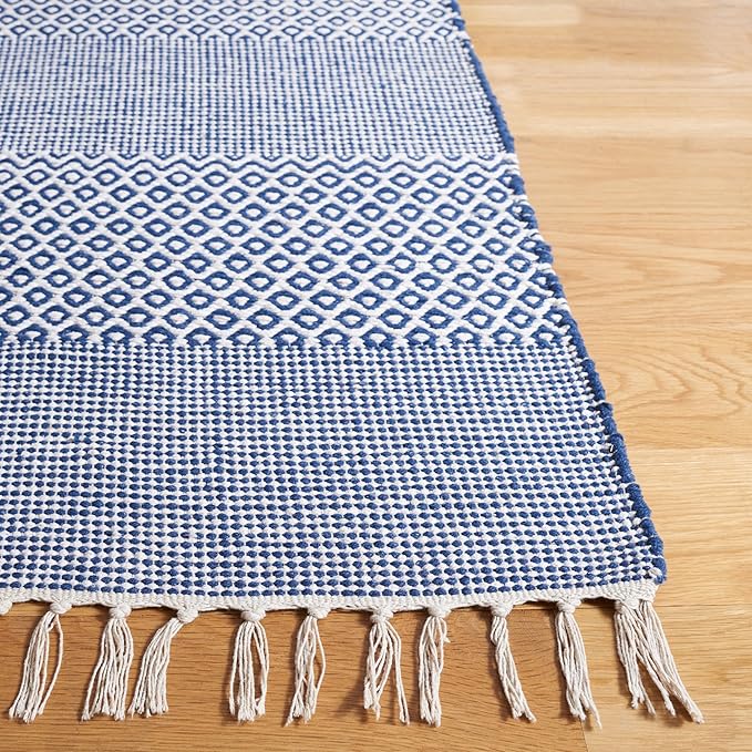 SAFAVIEH Montauk Collection Runner Rug - 2'3" x 14', Ivory & Navy, Handmade Flat Weave Boho Farmhouse Cotton Tassel Fringe, Ideal for High Traffic Areas in Living Room, Bedroom (MTK330B)