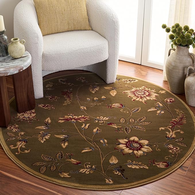 SAFAVIEH Lyndhurst Collection Area Rug - 5'3" Round, Green & Multi, Traditional Floral Design, Non-Shedding & Easy Care, Ideal for High Traffic Areas in Living Room, Bedroom (LNH552-5291)