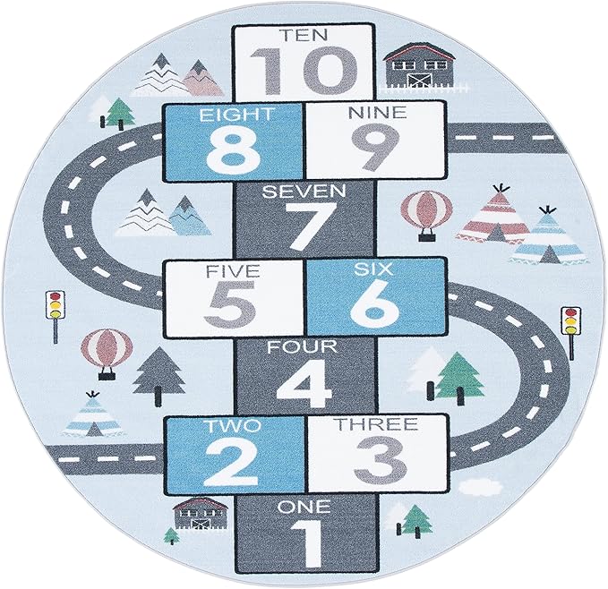 SAFAVIEH Washable Rug Kids Playhouse Collection - 6'7" Round, Grey & Blue, Slip Resistant & Easy to Clean, Ideal for Kids Room, Playroom, Nursery, Boys & Girls Room (KPH226F)