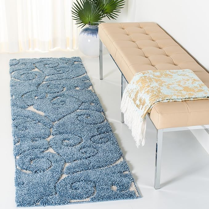 SAFAVIEH Florida Shag Collection Runner Rug - 2'3" x 19', Light Blue & Cream, Scroll Design, Non-Shedding & Easy to Clean, High-Low Plush Pile, Ideal for Bedroom, Foyer, Hallway (SG455-6011)