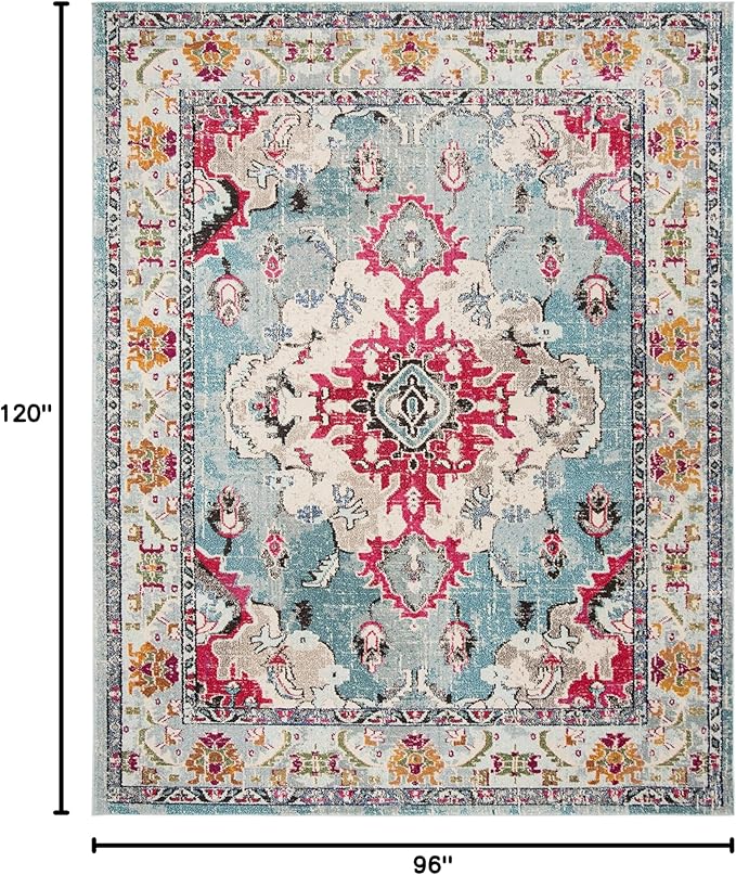 SAFAVIEH Monaco Collection Area Rug - 8' x 10', Light Blue & Fuchsia, Non-Shedding & Easy to Clean, Distressed Medallion Design, Ideal for Living Room, Bedroom, Dining Space (MNC243J)