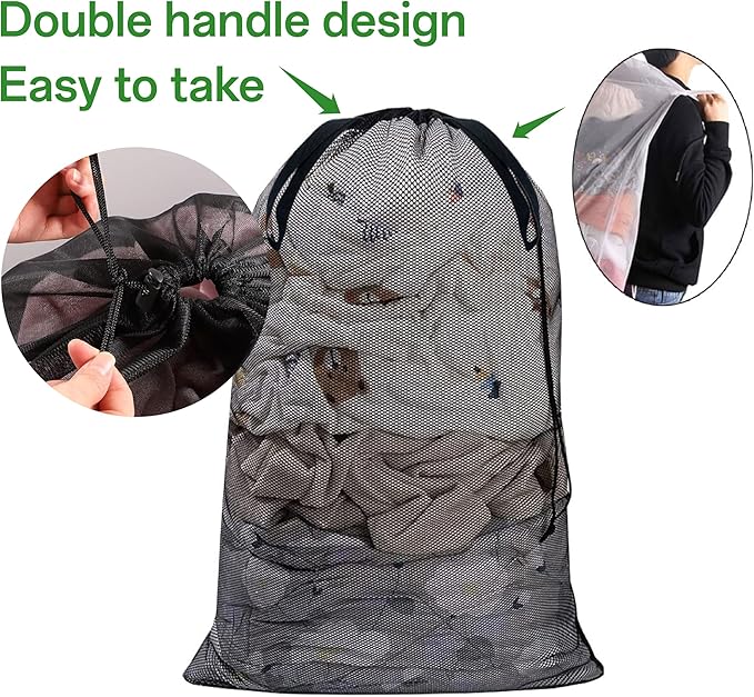 2 Pack Large Mesh Laundry Bag, 23 x 34 Inch Mesh Wash Bag with Drawstring Closure, Delicates Bag for Washing Machine - Perfect for College Dorms, Travel, Laundromats, Apartments (Black)