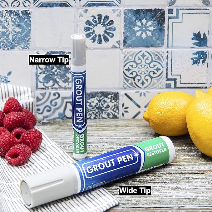Grout Pen Tile Paint Marker: Waterproof Grout Colorant and Sealer Pen to Renew, Repair, and Refresh Tile Grout - Cleaner Coating Stain Pens - 2 Pack, 15mm Wide Light Grey and 5mm Narrow White Tip