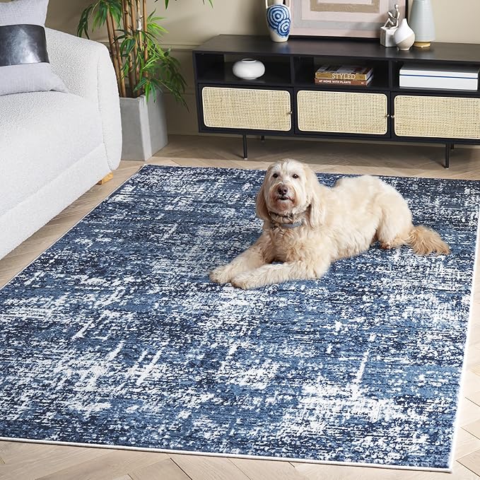 SAFAVIEH Amelia Collection Area Rug - 9' x 12', Ivory & Dark Blue, Modern Abstract Design, Non-Shedding & Easy Care, Ideal for The Living Room, Dining, Bedroom (ALA700M)