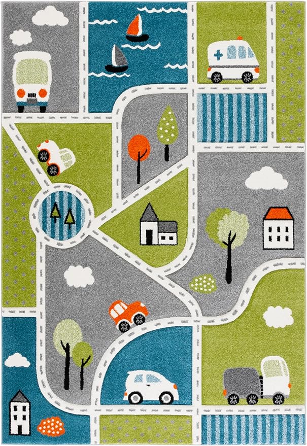 SAFAVIEH Carousel Kids Collection Area Rug - 5'3" x 7'6", Green/Grey, Geometric Design, Ideal for High Traffic Areas in Living Room, Bedroom, Dining (CRK193Y)