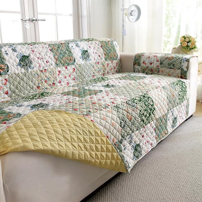 Cmfshape Skidproof Sofa Cover-Green Sofa Slipcover with Elastic Straps-Easy Fit Slip Cover-Patchwork Washable Furniture Protector for Pets and Kids(Sofa,Green)