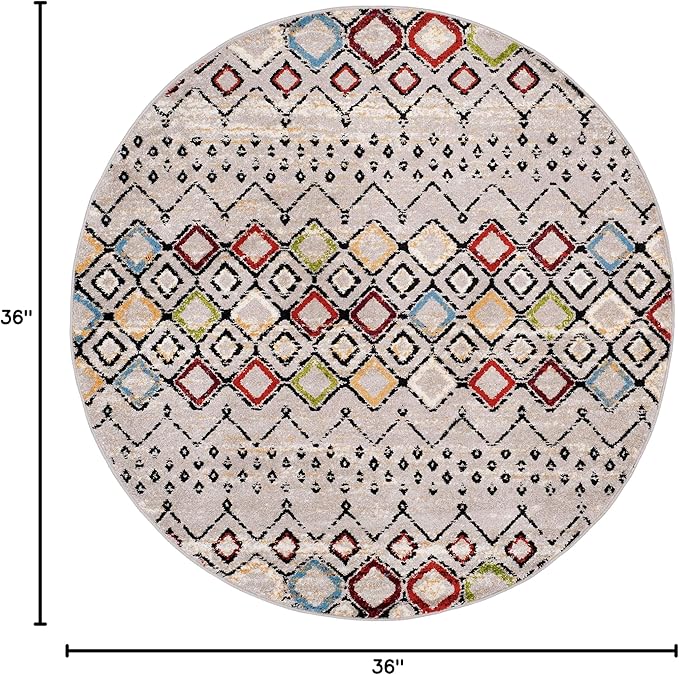 SAFAVIEH Amsterdam Collection 3' Round Light Grey/Multi AMS108G Moroccan Boho Non-Shedding Dining Room Entryway Foyer Living Room Bedroom Area Rug