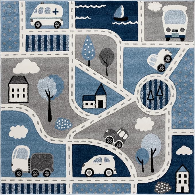 SAFAVIEH Carousel Kids Collection Area Rug - 6'7" Square, Grey/Blue, Geometric Design, Ideal for High Traffic Areas in Living Room, Bedroom, Dining (CRK193M)