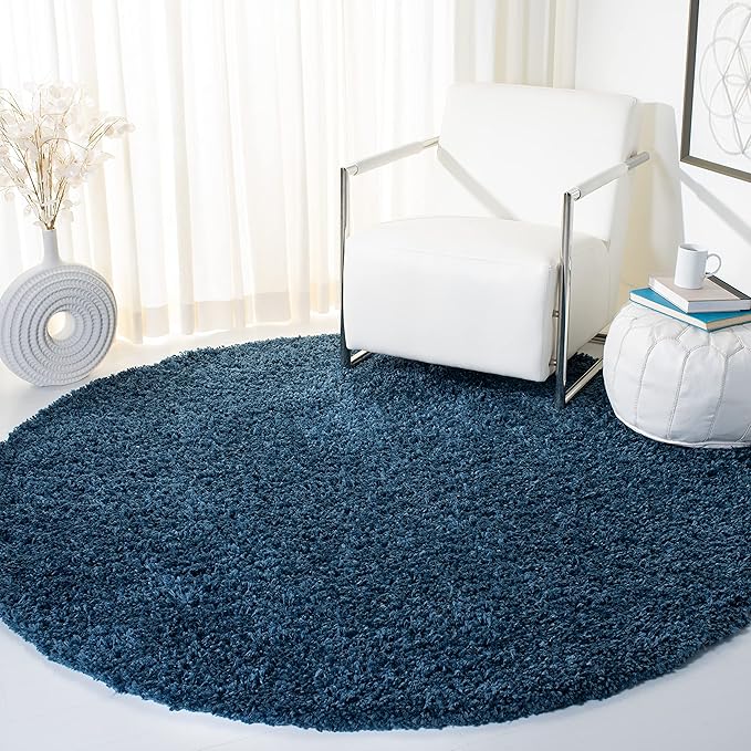 SAFAVIEH August Shag Collection 5' Round Navy AUG200M Solid Non-Shedding Living Room Bedroom Dining Room Entryway Plush 1.5-inch Thick Area Rug