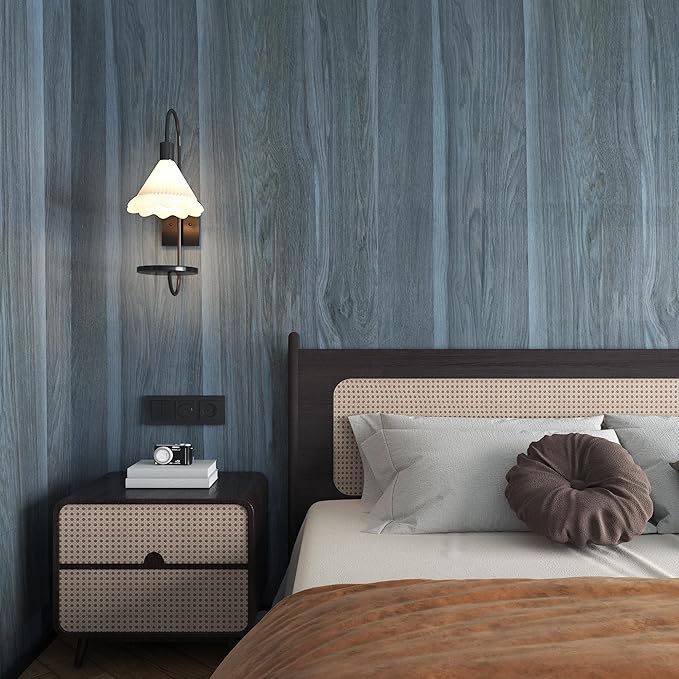 BOMENG Blue Wood Grain Wallpaper Peel and Stick Peacock Contact Paper 48x118inch Extra Wide Wall Paper with Air Guide Slot Design Waterproof for Cabinets Desk Walls Dresser Cover Top Kitchen Cabinet