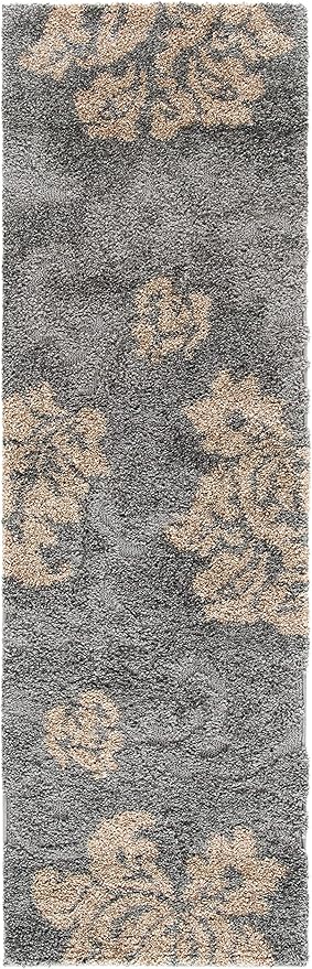 SAFAVIEH Florida Shag Collection Runner Rug - 2'3" x 9', Grey & Beige, Floral Design, Non-Shedding & Easy Care, 1.2-inch Thick Ideal for High Traffic Areas in Living Room, Bedroom (SG458-8013)