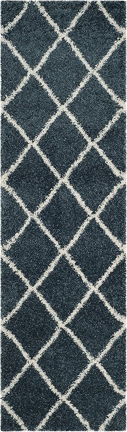 SAFAVIEH Hudson Shag Collection Runner Rug - 2'3" x 8', Slate Blue & Ivory, Modern Trellis Design, Non-Shedding & Easy Care, 2-inch Thick Ideal for High Traffic Areas in Living Room, Bedroom (SGH281L)
