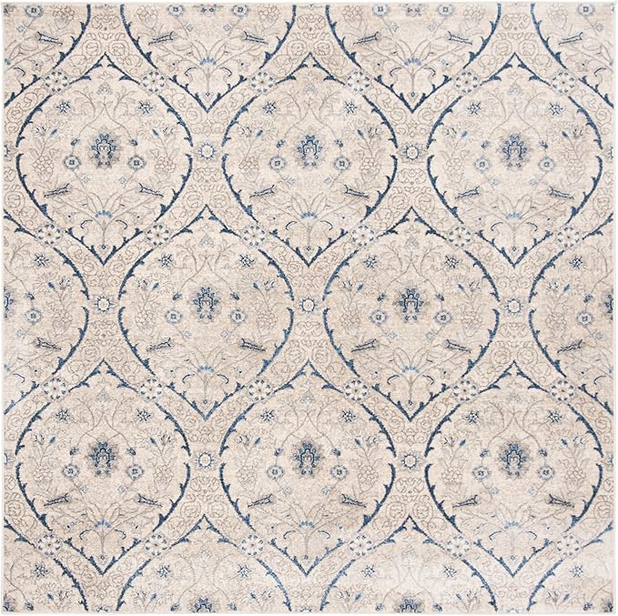 SAFAVIEH Brentwood Collection Area Rug - 6'7" Square, Light Grey & Blue, Floral Damask Ogee Trellis Design, Non-Shedding & Easy Care, Ideal for High Traffic Areas in Living Room, Bedroom (BNT860G)