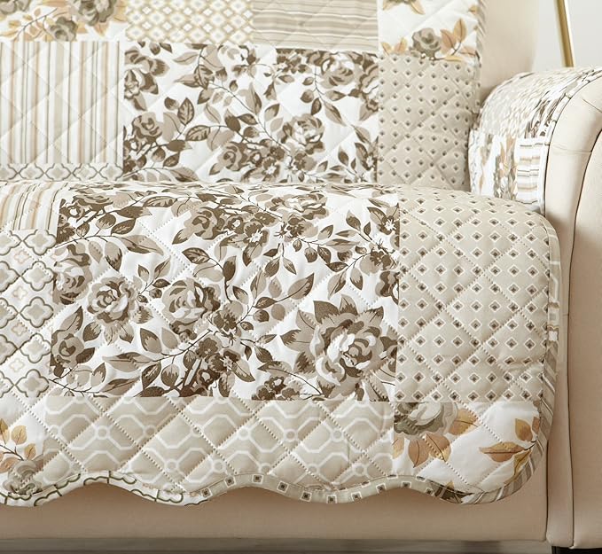 Great Bay Home Reversible Patchwork Loveseat Cover - Washable Slipcover Furniture Protector with Elastic Straps - Couch Cover for Dogs, Kids, and Pets - Box-Stitched Detail (Loveseat, Taupe)