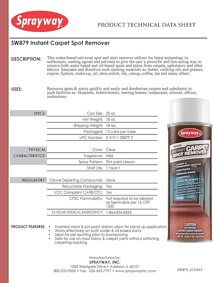 Sprayway SW879 Instant Carpet Spot Remover, 18 oz