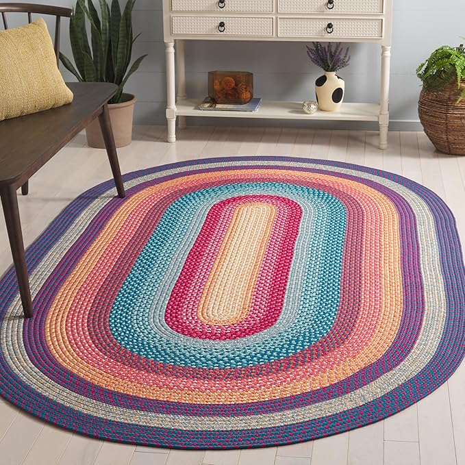 SAFAVIEH Washable Rug Outdoor Braided Collection - 5' x 8' Oval, Red & Orange, Handmade & Reversible, Non-Shedding & Easy to Clean, Ideal for Patio, Backyard, Mudroom (BRD308Q)