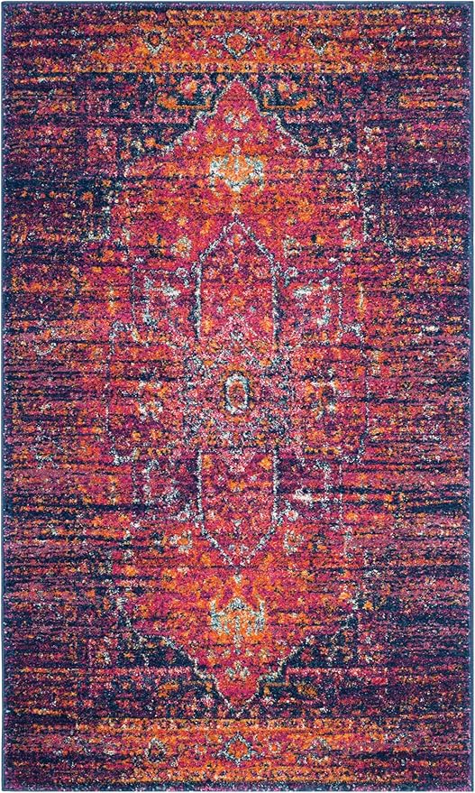 SAFAVIEH Evoke Collection 3' x 5' Blue / Fuchsia EVK275F Oriental Medallion Distressed Non-Shedding Living Room Bedroom Accent Rug