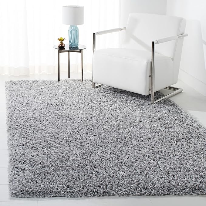 SAFAVIEH August Shag Collection Area Rug - 4' Square, Silver, Solid Design, Non-Shedding & Easy Care, 1.5-inch Thick Ideal for High Traffic Areas in Living Room, Bedroom (AUG200G)
