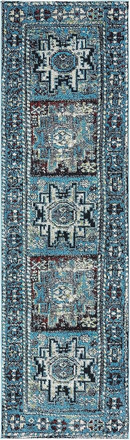 SAFAVIEH Vintage Hamadan Collection Runner Rug - 2'3" x 8', Light Blue & Black, Traditional Oriental Design, Non-Shedding & Easy Care, Ideal for High Traffic Areas in Living Room, Bedroom (VTH213M)