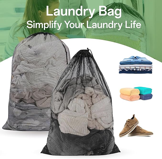 2 Pack Large Mesh Laundry Bag, 23 x 34 Inch Mesh Wash Bag with Drawstring Closure, Delicates Bag for Washing Machine - Perfect for College Dorms, Travel, Laundromats, Apartments (Black)