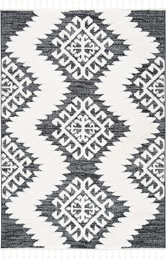 SAFAVIEH Moroccan Tassel Shag Collection Area Rug - 6'7" x 9'2", Dark Grey & Ivory, Non-Shedding & Easy Care, 2-inch Thick Ideal for High Traffic Areas in Living Room, Bedroom (MTS652H)