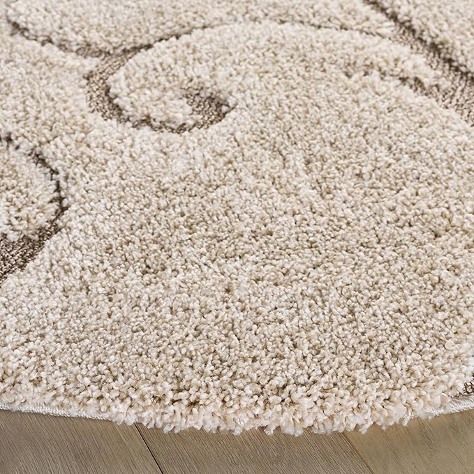 SAFAVIEH Florida Shag Collection Area Rug - 8' Round, Cream & Beige, Scroll Design, Non-Shedding & Easy to Clean, High-Low Plush Pile, Ideal for Living Room, Bedroom, Dining Space (SG455-1113)
