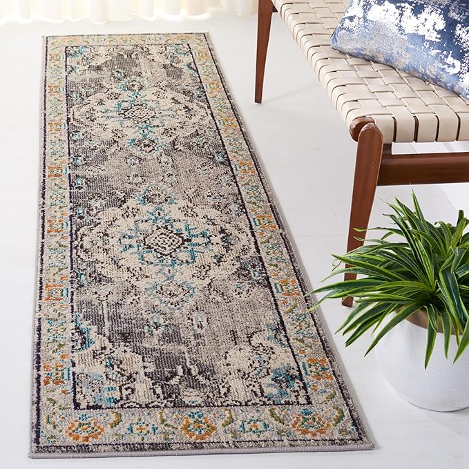 SAFAVIEH Monaco Collection Runner Rug - 2'2" x 16', Grey & Light Blue, Non-Shedding & Easy to Clean, Distressed Medallion Design, Ideal for Hallway, Foyer, Entryway, Kitchen, Bedroom (MNC243G)