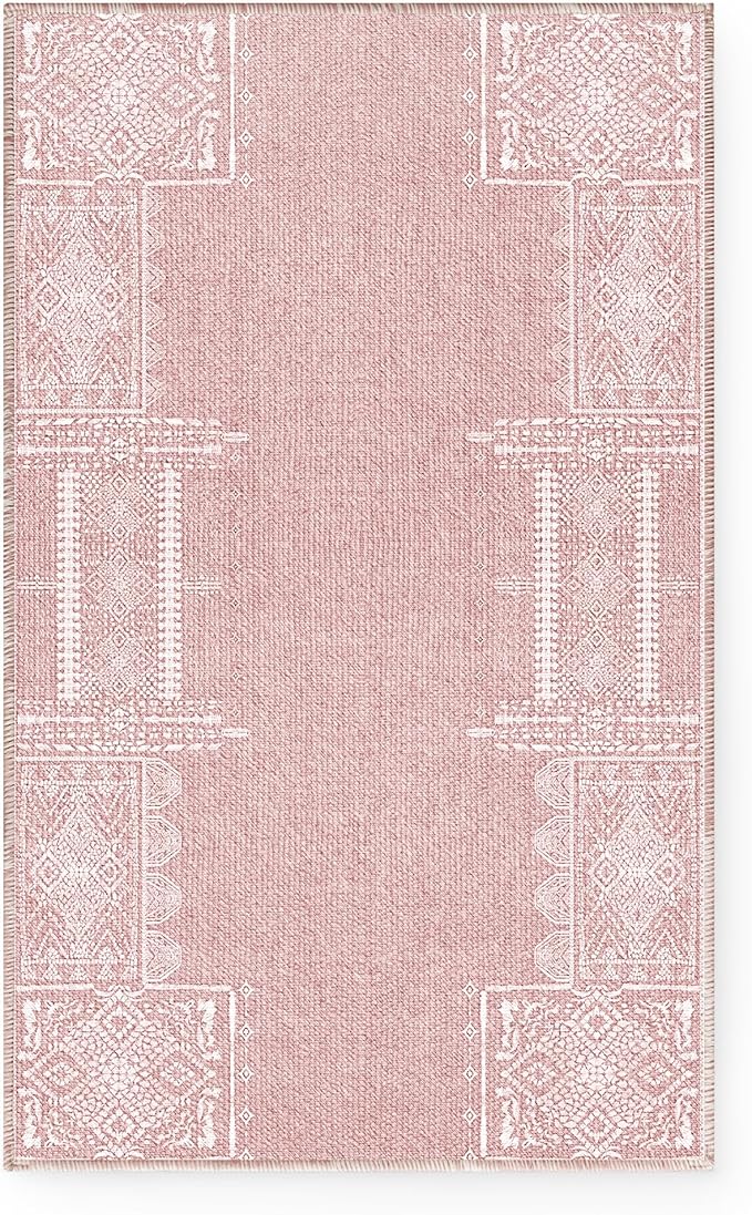 NICETOWN 2x3 Pink Rug for Entrance - Non Slip Modern Entryway Carpet Foladable Non-Resistant Oriental Medallion Mat for Entrance Kitchen Laundry Bathroom Bedroom