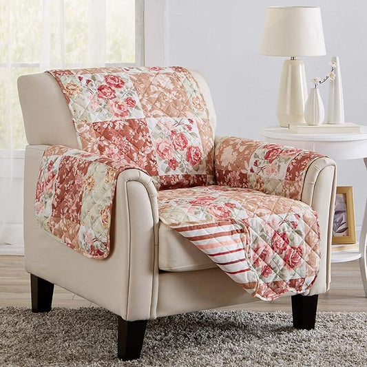 Great Bay Home Reversible Floral Patchwork Furniture Protector - Machine Washable, Scalloped Edge, Stain Resistant, Printed Furniture Cover for Dogs, Kids, and Pets (Chair, Burgundy/Taupe)