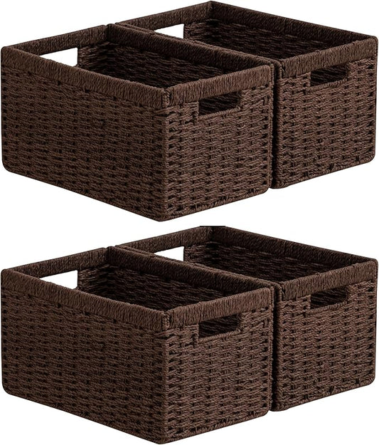 joybest Wicker Storage Baskets, Set of 4 Hand-Woven Paper Rope Dark Brown Baskets for Organizing, Foldable Rectangular Storage Organizer Bins for Shelves with Handles 13.4L x 8.3W x 7.1H