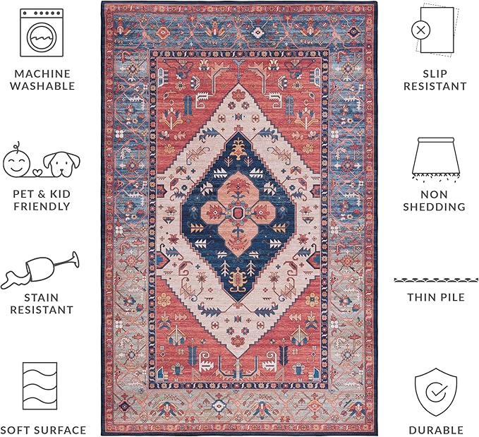 SAFAVIEH Washable Rug Tucson Collection - 3' x 5', Rust & Blue, Slip Resistant & Easy to Clean, Ideal for Foyer, Entryway, Kitchen, Bedroom (TSN153P)