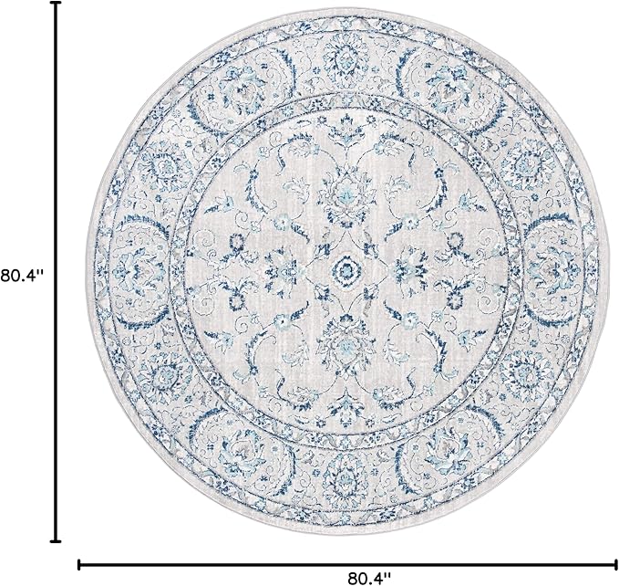 SAFAVIEH Brentwood Collection Area Rug - 6'7" Round, Light Grey & Blue, Oriental Floral Scroll Design, Non-Shedding & Easy Care, Ideal for High Traffic Areas in Living Room, Bedroom (BNT854G)