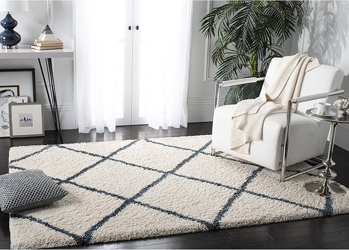 SAFAVIEH Hudson Shag Collection Area Rug - 9' x 12', Ivory & Slate Blue, Modern Trellis Design, Non-Shedding & Easy Care, 2-inch Thick Ideal for High Traffic Areas in Living Room, Bedroom (SGH281T)