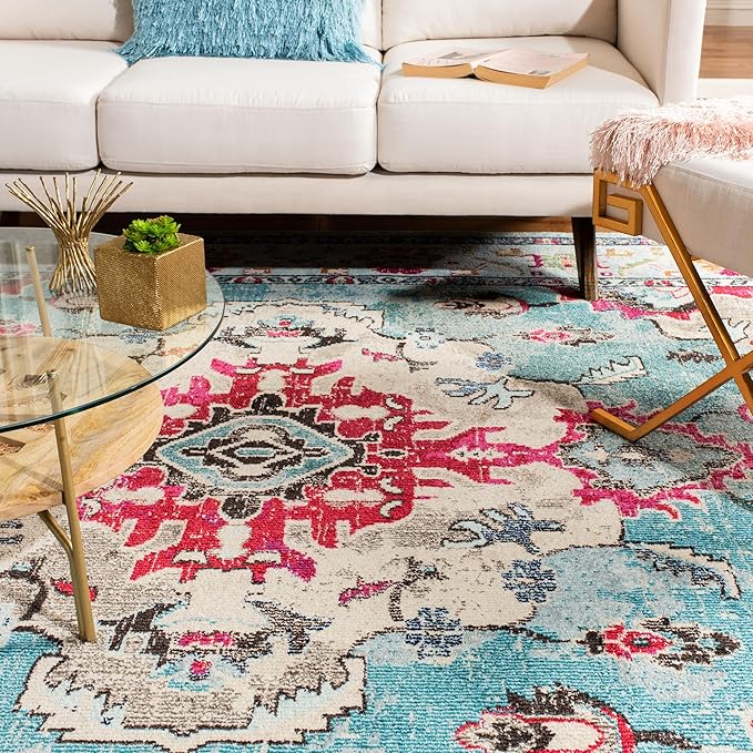 SAFAVIEH Monaco Collection Area Rug - 3' x 5', Light Blue & Fuchsia, Non-Shedding & Easy to Clean, Distressed Medallion Design, Ideal for Living Room, Bedroom, Dining Space (MNC243J)