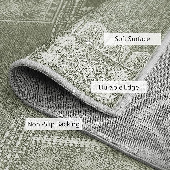 NICETOWN Green Area Rugs 8x10 Washable Nonslip Thin Vintage Rugs - Boho Entryway Oriental Medallion Living Room Carpet Entrance Mat Carpet for Kitchen Laundry Bathroom Bedroom, Sage Green