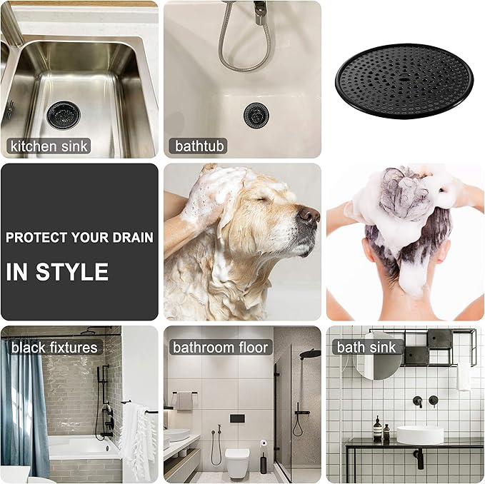304 Stainless Steel Hair Catcher Shower Drain Cover with Silicone, Shower Stall Drain Strainer, Bathtub Hair Stopper, Bathroom Hair Trap Floor Drain Protector, Matte Black 4.33 Inches Round Flat