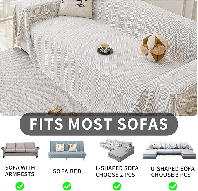 HAOMAIJIA Non Slip couch cover sofa covers for 3 cushion couch Washable sectional couch covers for Dogs pet Furniture Protector Couch Cover Blanket for Living Room (Off white, 91"x150")