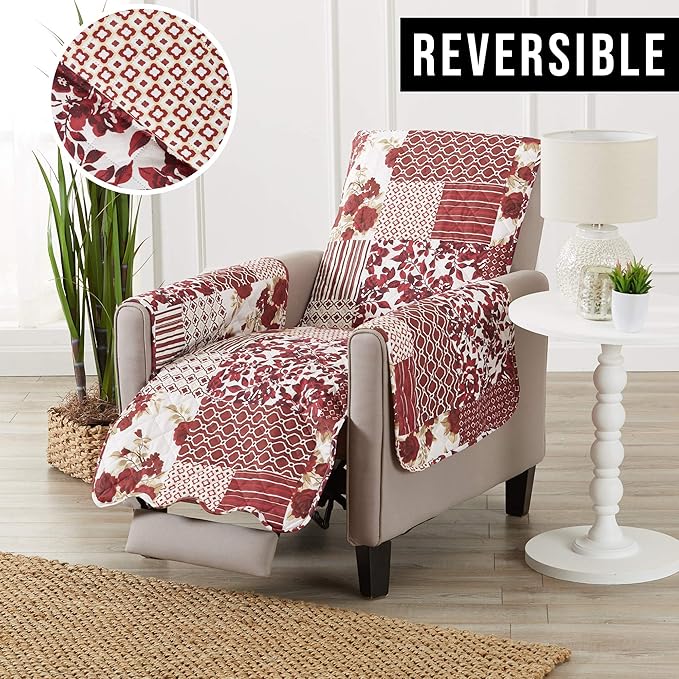 Great Bay Home Reversible Patchwork Recliner Chair Cover - Washable Slipcover Furniture Protector with Elastic Straps - Couch Cover for Dogs, Kids, and Pets - Box-Stitched Detail (Recliner, Burgundy)