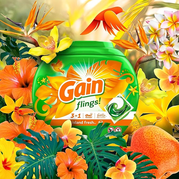 Gain Flings Laundry Detergent Pacs, 60 Count, Island Fresh Scent, with Odor Defense, concentrated laundry soap pacs