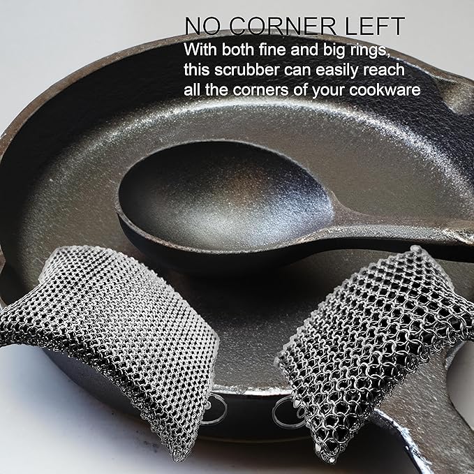Cast Iron Chainmail Scrubber - Fine Ring - 316 Stainless Steel Skillet Cleaner - Built-in Silicone with Welded Rings - for Cookware, Cast Iron Pots, BBQ and Plates (Standard 2 in 1)