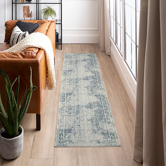 Mohawk Home Cassandra Abstract Geometric, Ornamental Denim Blue 2' x 10' Area Rug Perfect for Living Room, Dining Room, Office