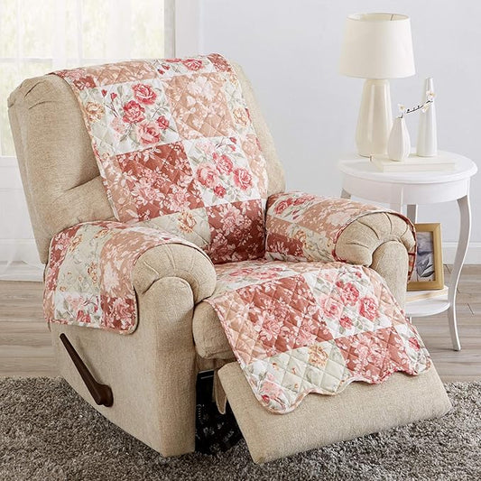 Great Bay Home Reversible Floral Patchwork Furniture Protector - Machine Washable, Scalloped Edge, Stain Resistant, Printed Furniture Cover for Dogs, Kids, and Pets (Recliner, Burgundy/Taupe)