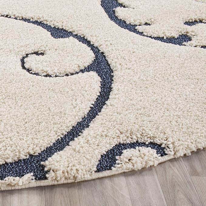 SAFAVIEH Florida Shag Collection Area Rug - 5' Round, Cream & Blue, Scroll Design, Non-Shedding & Easy to Clean, High-Low Plush Pile, Ideal for Living Room, Bedroom, Dining Space (SG455-1165)
