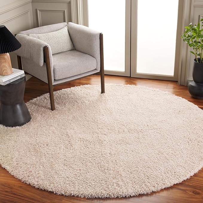 SAFAVIEH Lindsay Shag Collection Area Rug - 6'7" Round, Beige, Geometric Design, Ideal for High Traffic Areas in Living Room, Bedroom, Dining (LNS560B)
