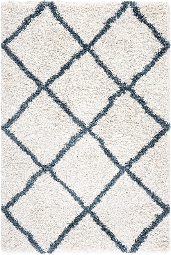 SAFAVIEH Hudson Shag Collection Accent Rug - 4' x 6', Ivory & Slate Blue, Trellis Design, Non-Shedding & Easy Care, 2-inch Thick Ideal for High Traffic Areas in Foyer, Living Room, Bedroom (SGH281T)