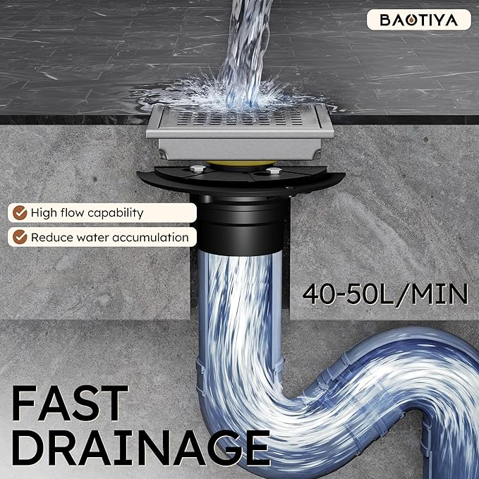 6 Inch Brushed Nickel Square Shower Drain with Flange,Modern Floor Drain with Quadrato Pattern Grate Removable,SUS 304 Stainless Steel