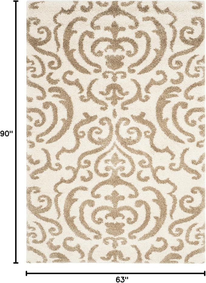 SAFAVIEH Florida Shag Collection Area Rug - 5'3" x 7'6", Cream & Beige, Damask Design, Non-Shedding & Easy Care, 1.2-inch Thick Ideal for High Traffic Areas in Living Room, Bedroom (SG462-1113)